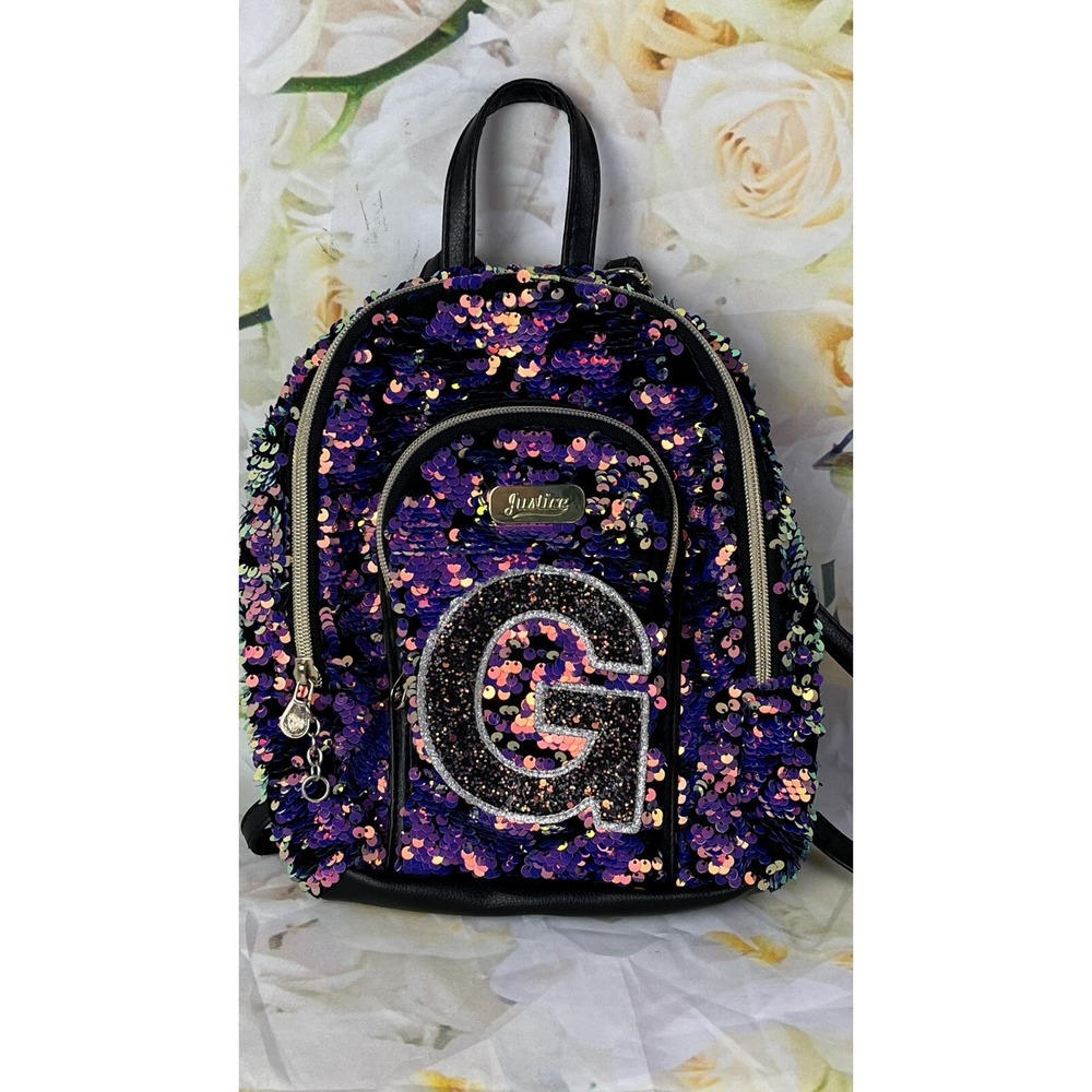 JUSTICE Backpack Purse Monogram Letter G Flip Sequins Multi-color Purple Gold